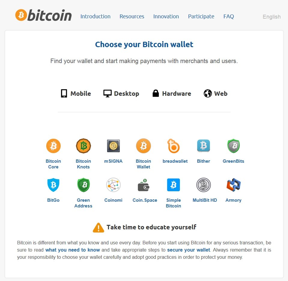 Výběr Bitcoin peněženek na bitcoin.org